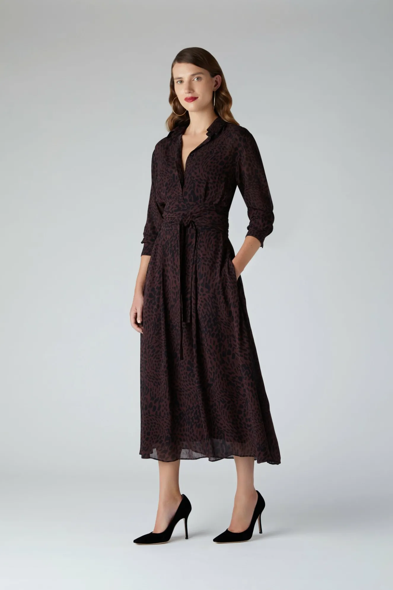 Jasper Conran Eden Printed Shirt Georgette Dress Choc Cheap