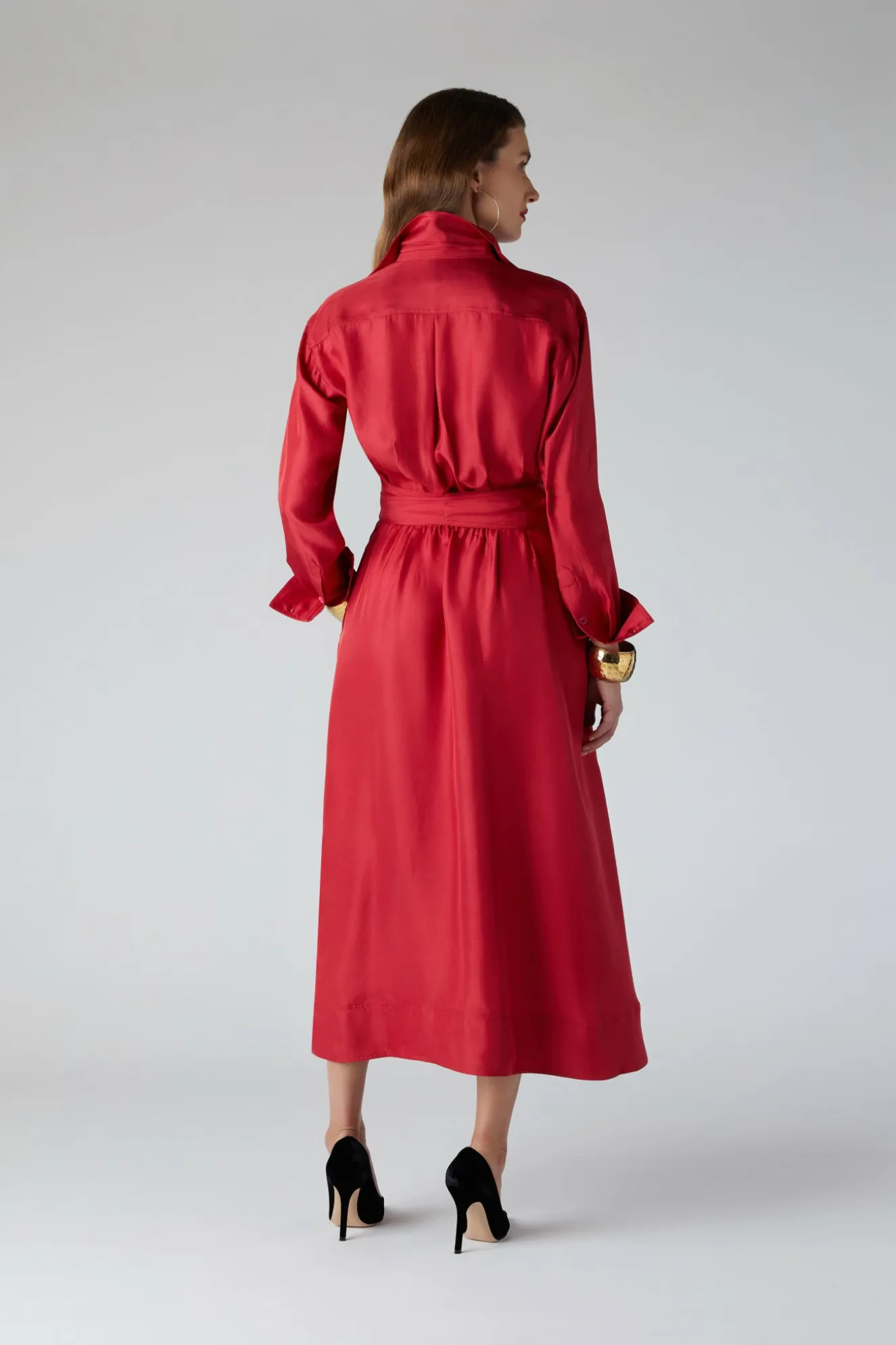 Jasper Conran Edie Silk Full Skirt Shirt Dress Red Flash Sale